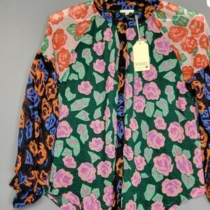 Jodifl Blouse Womens Medium Multicolor Sheer Floral Button Front Long Sleeve Top
